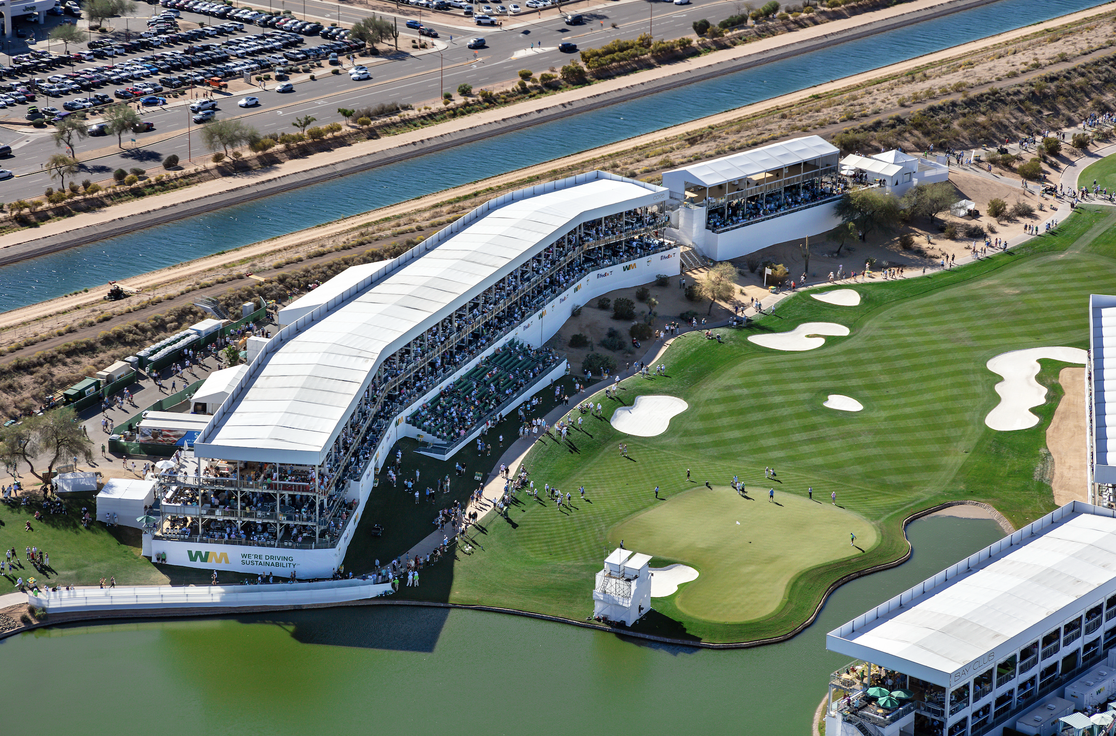InProduction temporary stadium build at Northwestern University with modular seating and premium hospitality structures