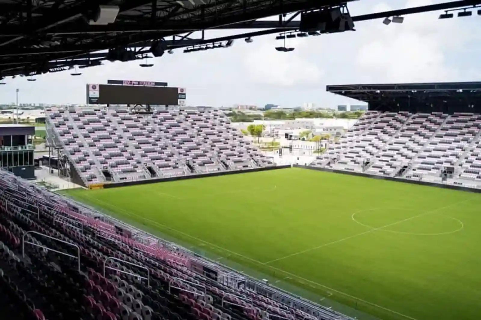 View from upper seats of an empty modular soccer stadium
