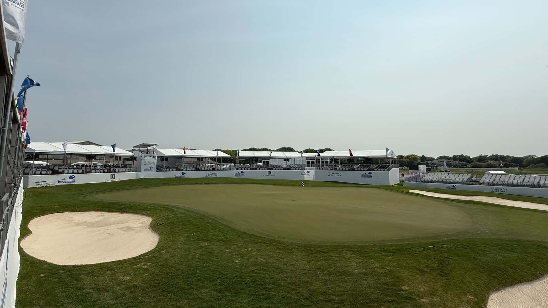InProduction hospitality structure with integrated spectator seating installed for the American Family Insurance Championship, part of a 25-structure venue transformation.