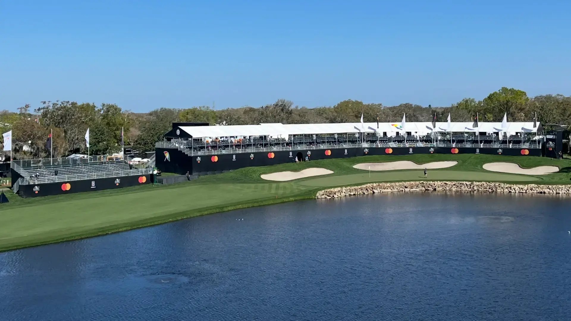 InProduction multi-level hospitality suites and premium seating grandstand installed for the Arnold Palmer Invitational, providing clear sightlines, elevated comfort, and strong sponsor visibility.
