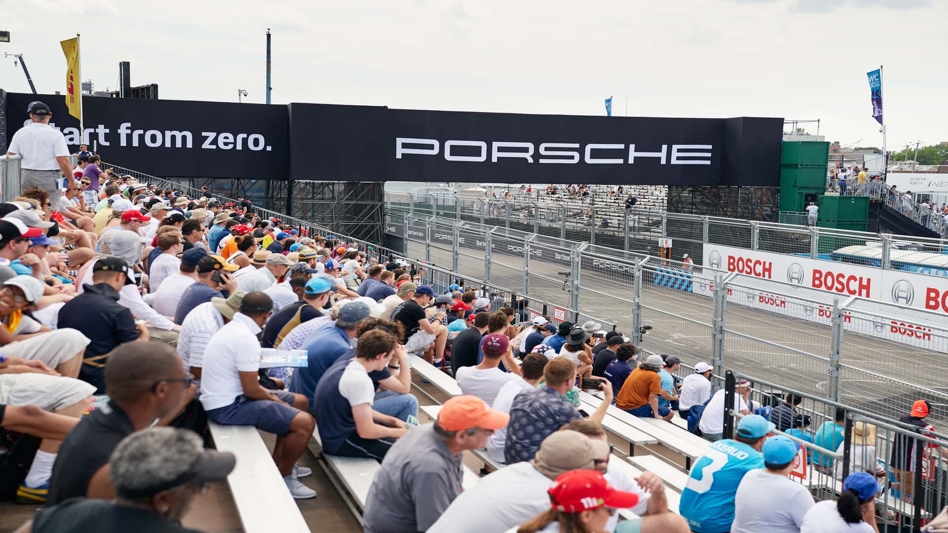 InProduction aluminum bench grandstand seating and pedestrian bridge installed for the Formula E New York City E-Prix, improving sightlines, crowd movement, and spectator access along the city street circuit.
