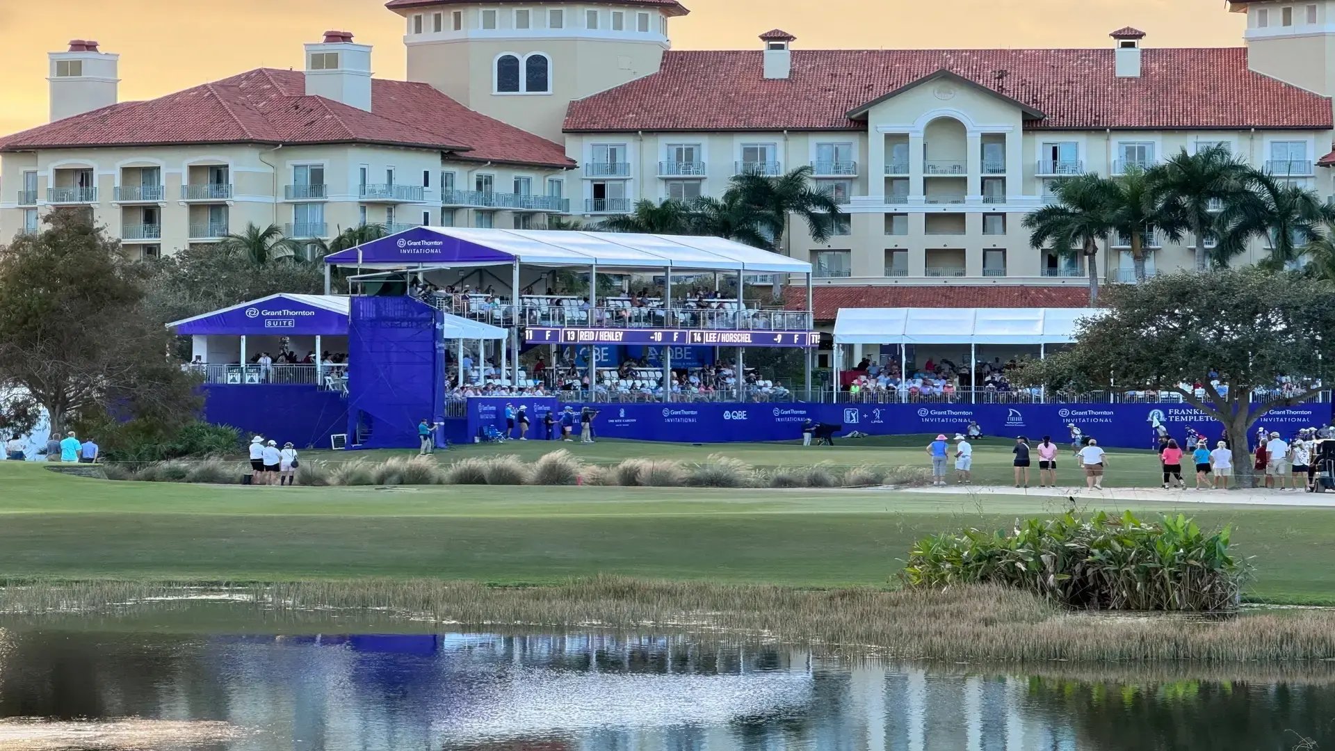 InProduction double-deck hospitality structure and tiered viewing platforms installed for the Grant Thornton Invitational, providing premium sightlines and an enhanced tournament atmosphere.