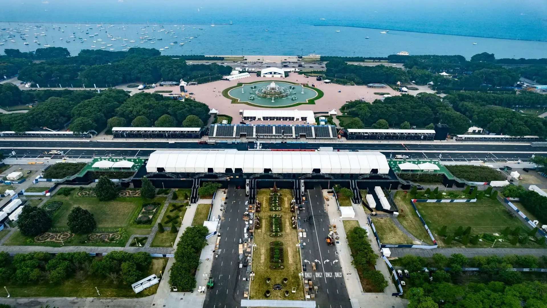 InProduction grandstands and multi-level hospitality decks installed for the NASCAR Chicago Street Race, built directly into downtown streets to create a high-energy urban venue.