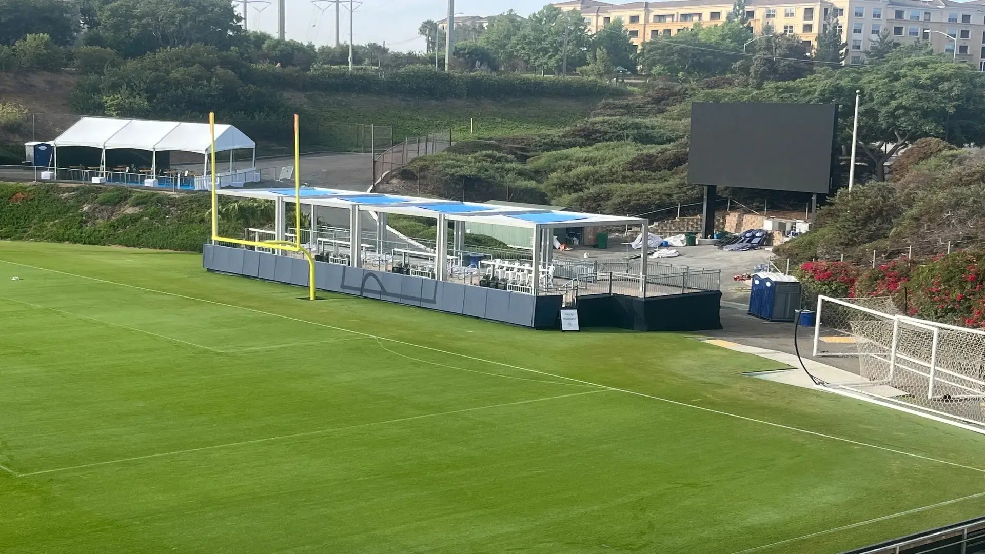 InProduction modular shade structures installed in the end zone at San Diego State University to create a comfortable, sponsor-friendly hospitality area.”