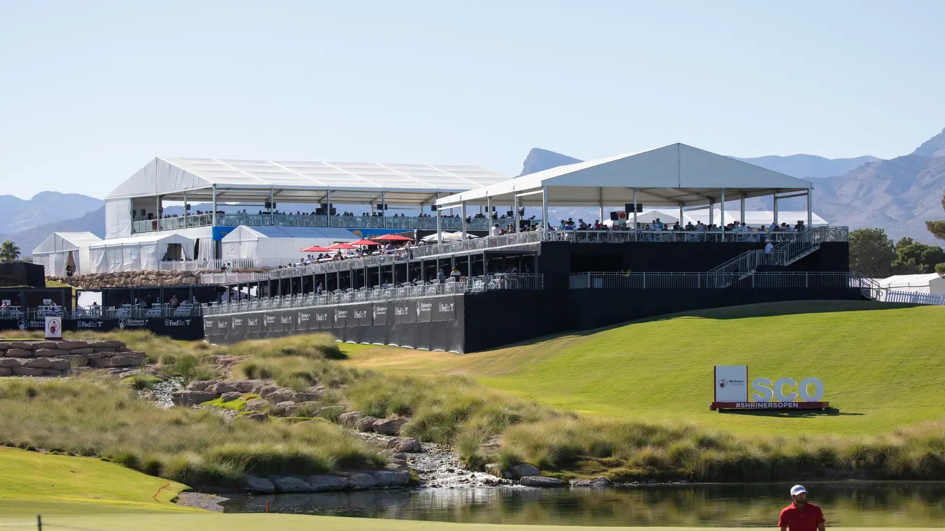 InProduction elevated hospitality structure installed for the Shriners Children’s Open, providing premium sightlines and enhanced spectator views around key holes.