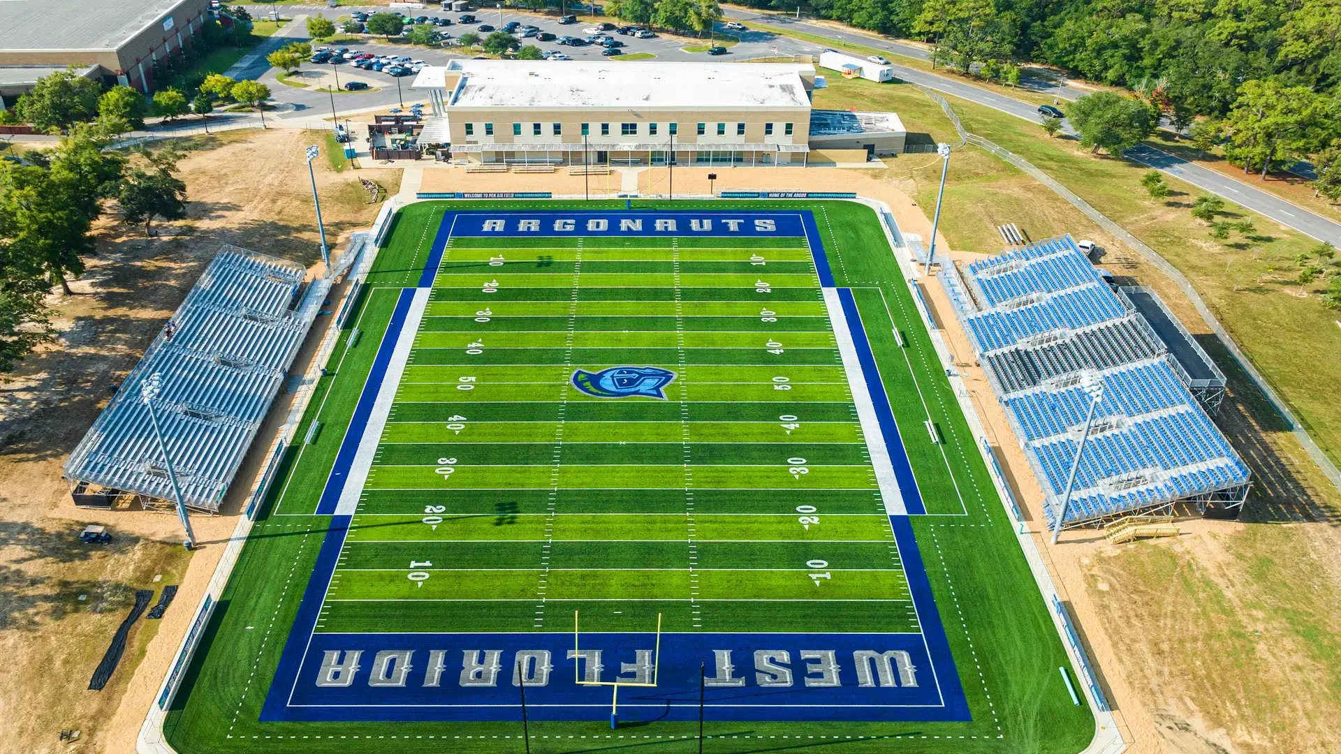 InProduction 3,500-plus-seat modular stadium installed at the University of West Florida’s PenAir Field, featuring new seating, elevated platforms, and a dedicated press deck.