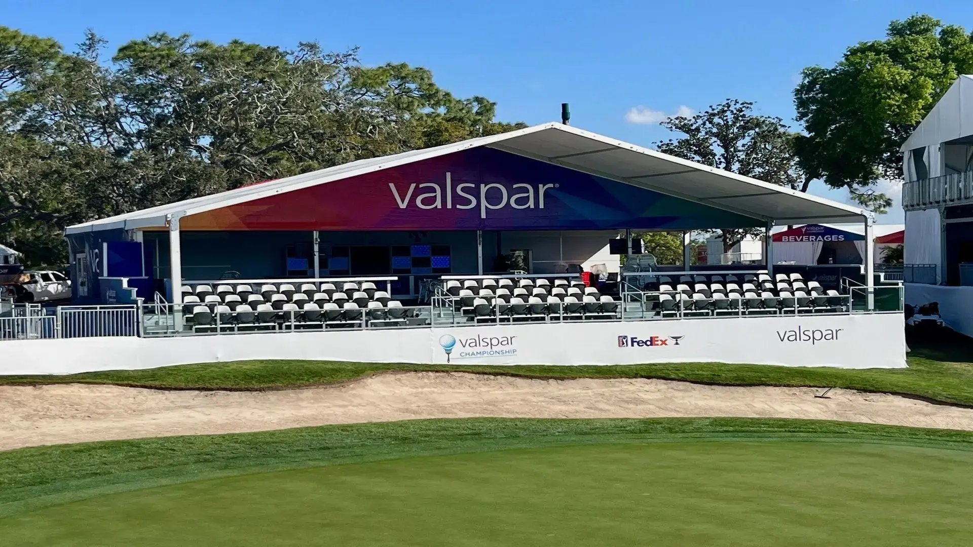 InProduction single-level hospitality structures installed for the Valspar Championship, providing premium viewing areas and clear sightlines across the course.”