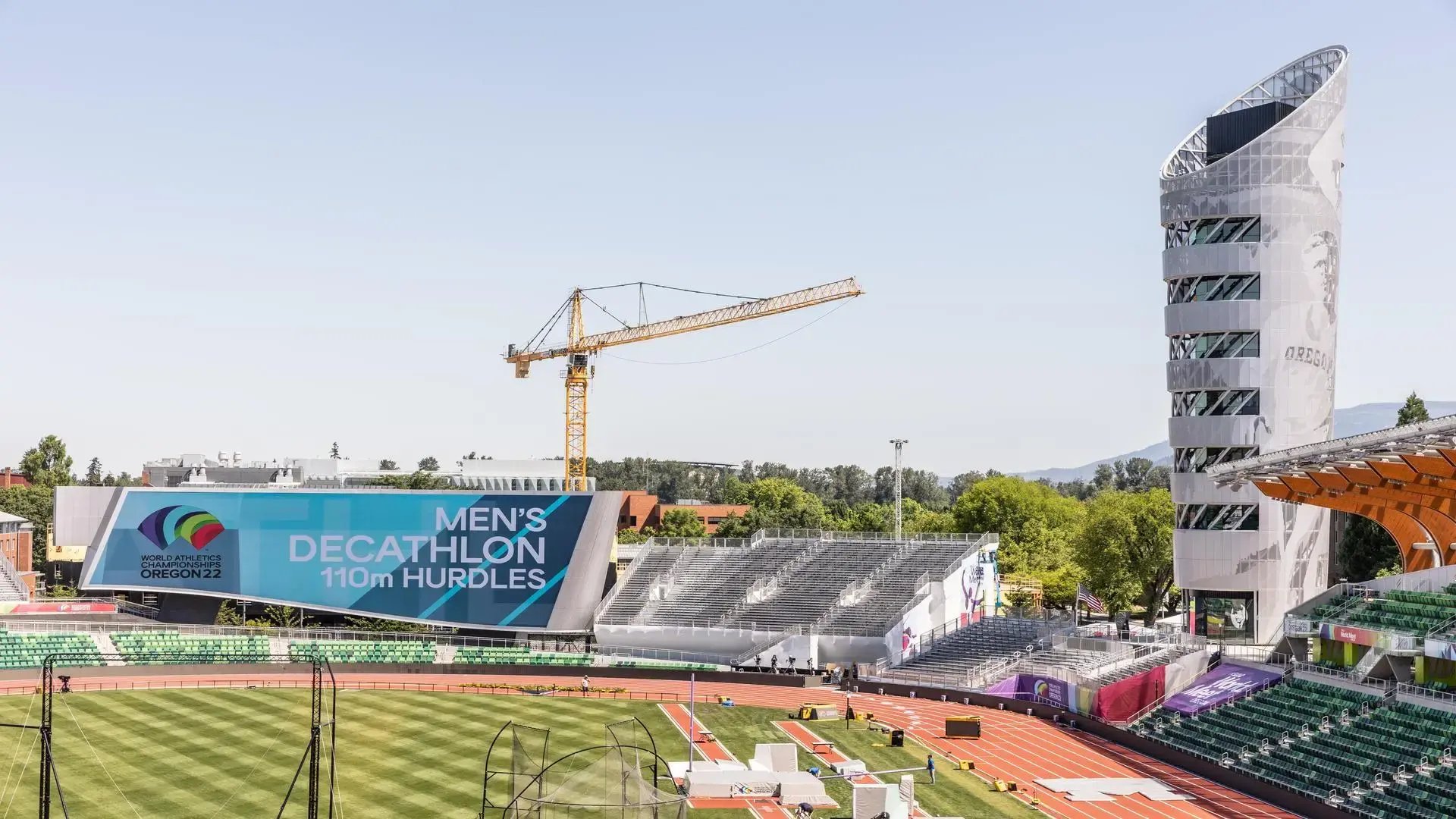InProduction temporary on-field seating installed at the World Athletics Championships at Hayward Field, providing spectators with closer sightlines and elevated views of the competition.