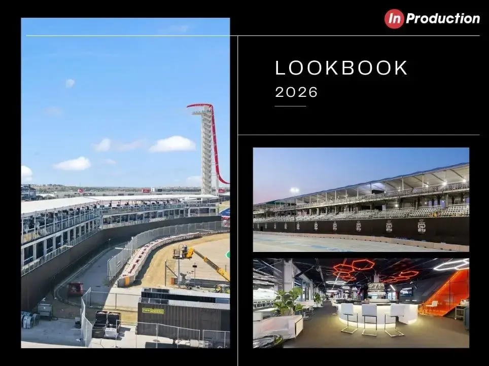 InProduction Lookbook 2026 showcasing race-event grandstands, elevated viewing platforms, and modular structures for motorsports environments.