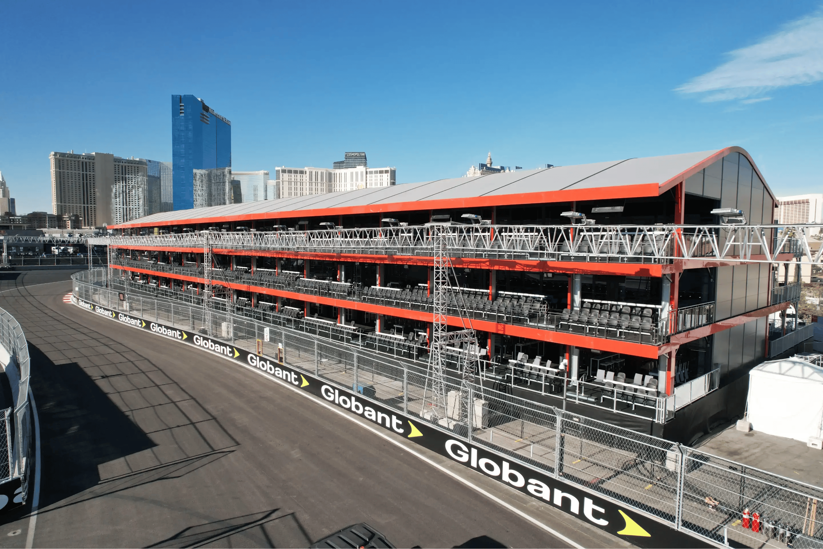 Hospitality skyboxes, clubs, and viewing stands across 18 holes at the BMW Championship.