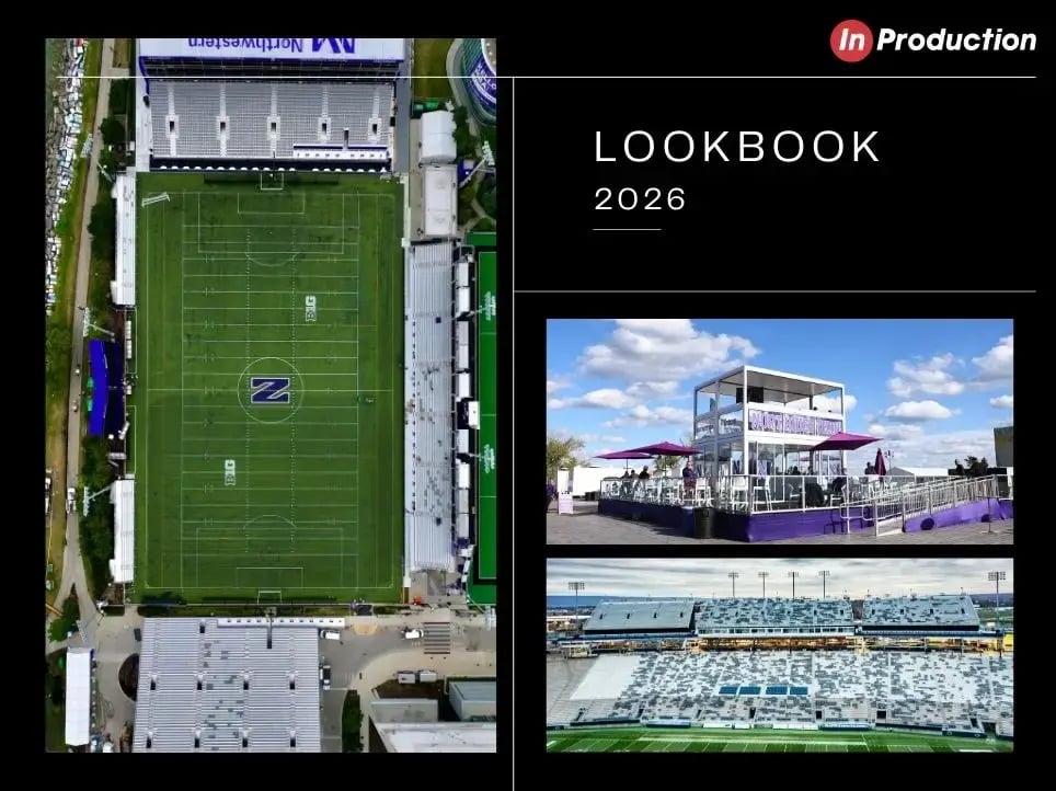 InProduction Lookbook 2026 showcasing modular seating, press platforms, and game-day infrastructure for collegiate sports venues.