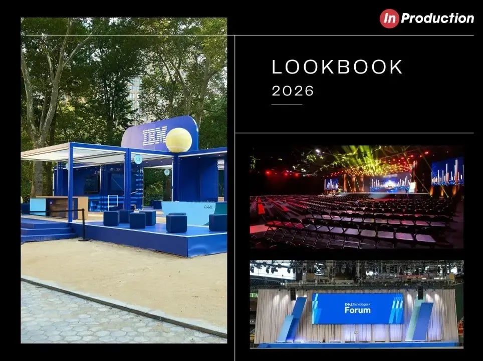 InProduction Lookbook 2026 showcasing modular seating, audience risers, and staging solutions designed for corporate environments and brand activations.
