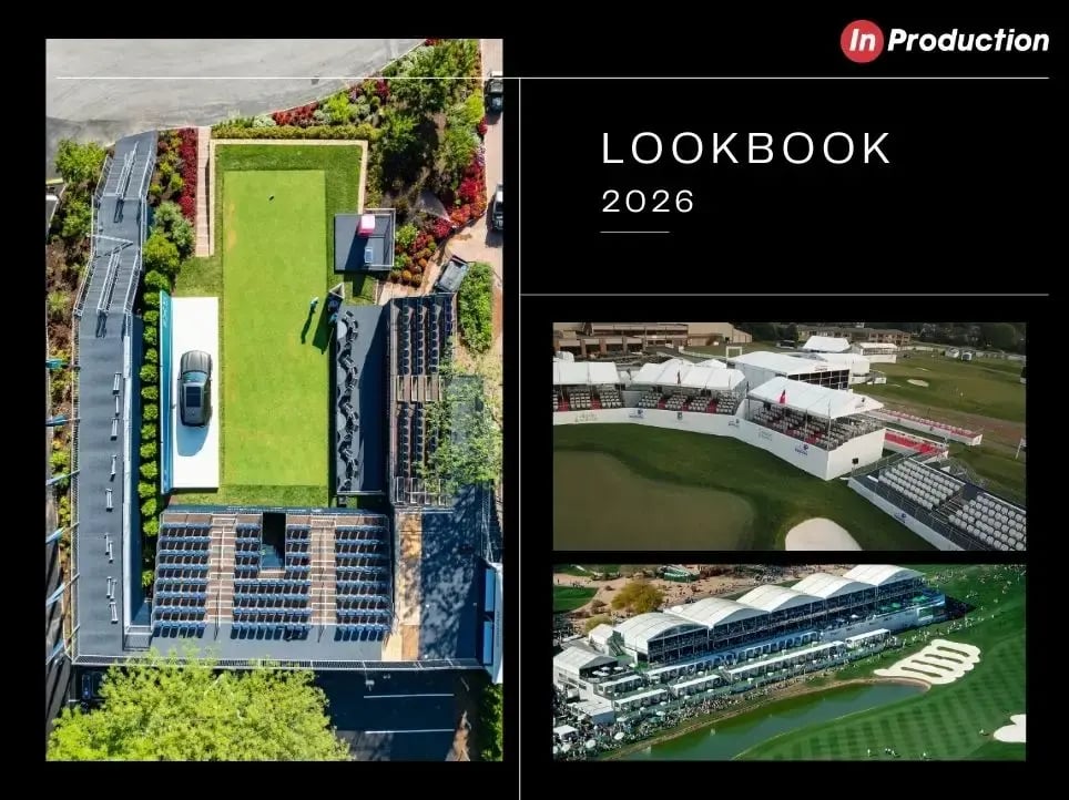 InProduction Lookbook 2026 showcasing hospitality suites, grandstands,TV towers, and modular seating solutions for championship golf environments.