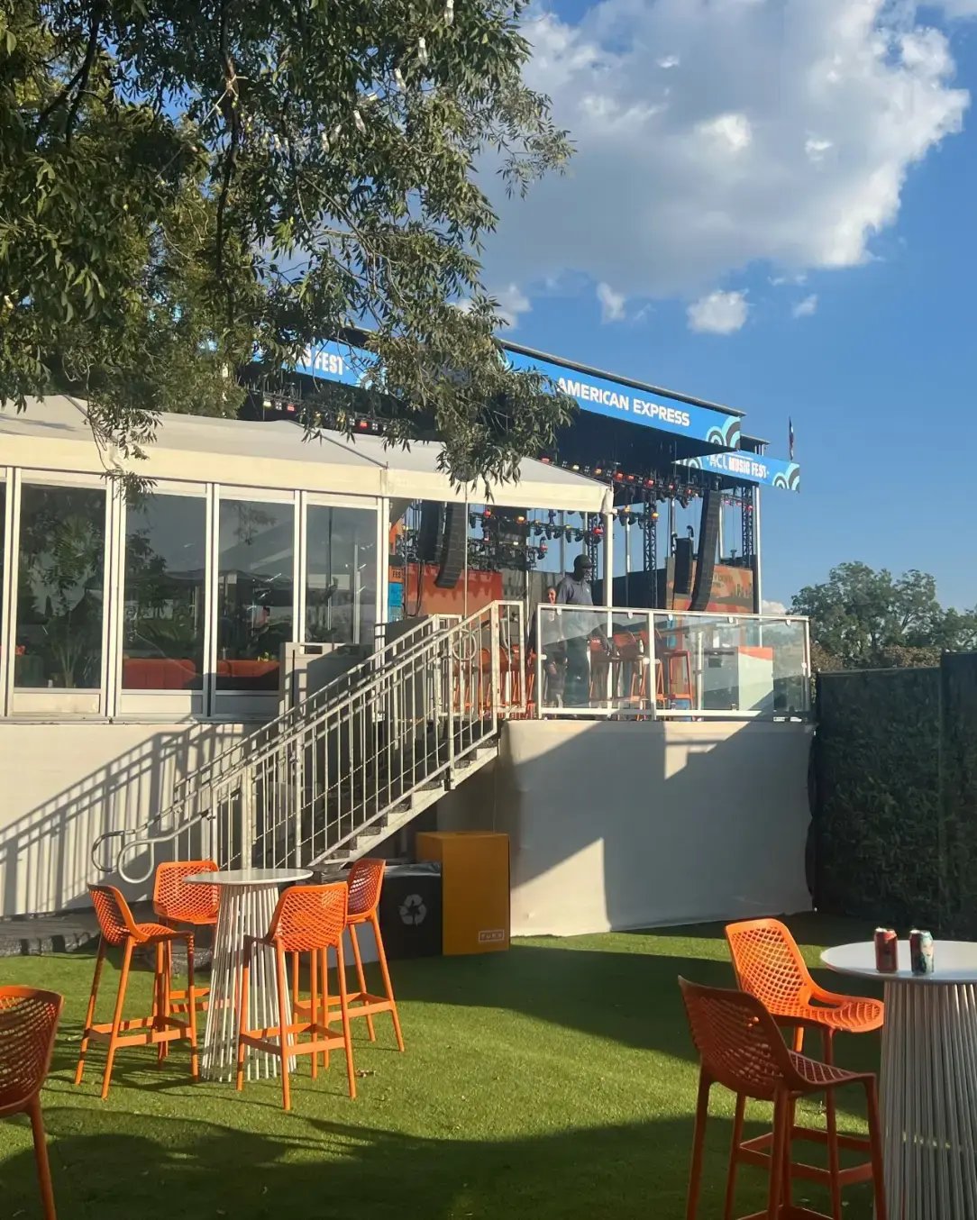 Staircases providing access to elevated hospitality structures. 