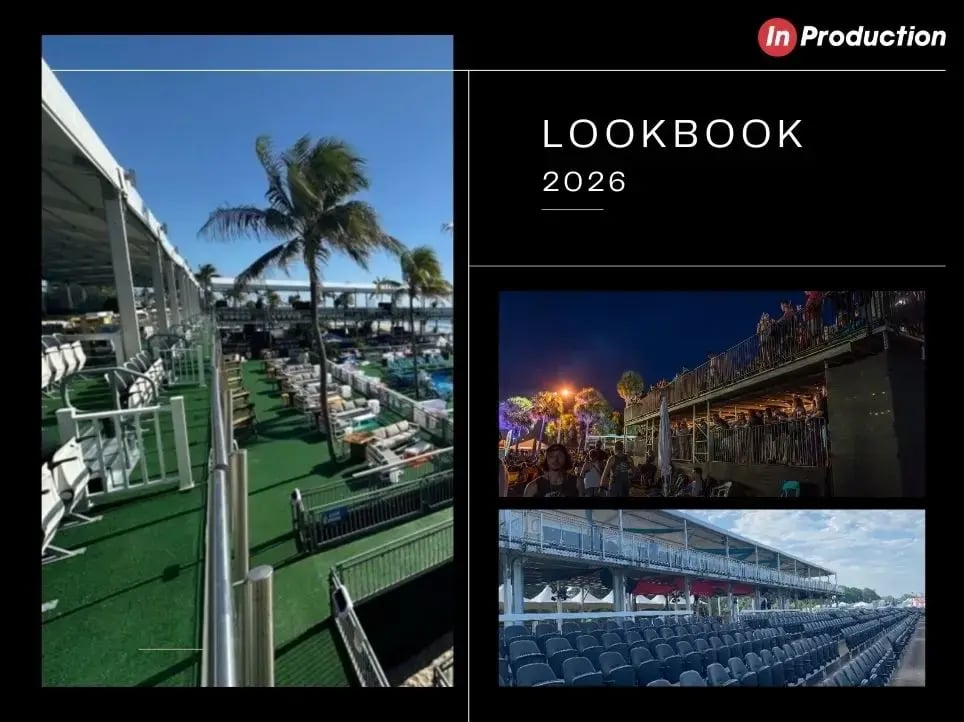 InProduction Lookbook 2026 showcasing staging, audience risers, and modular seating solutions for concerts and live music environments.