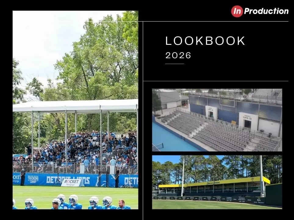 InProduction Lookbook 2026 showcasing grandstands, hospitality structures, and modular seating solutions for live sporting events.