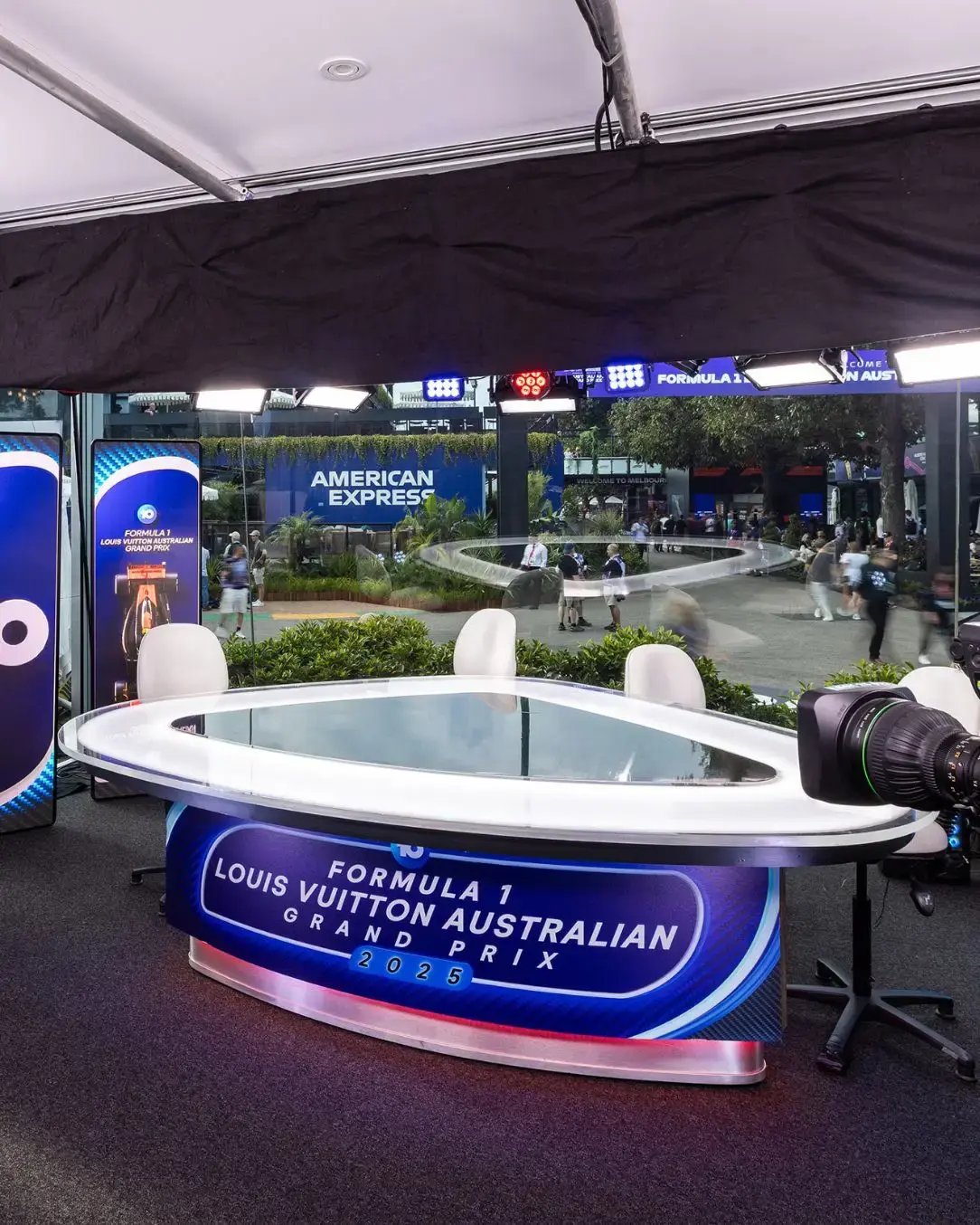 Modular Spacecube broadcast setup featuring custom desks and scenic elements for live event production.