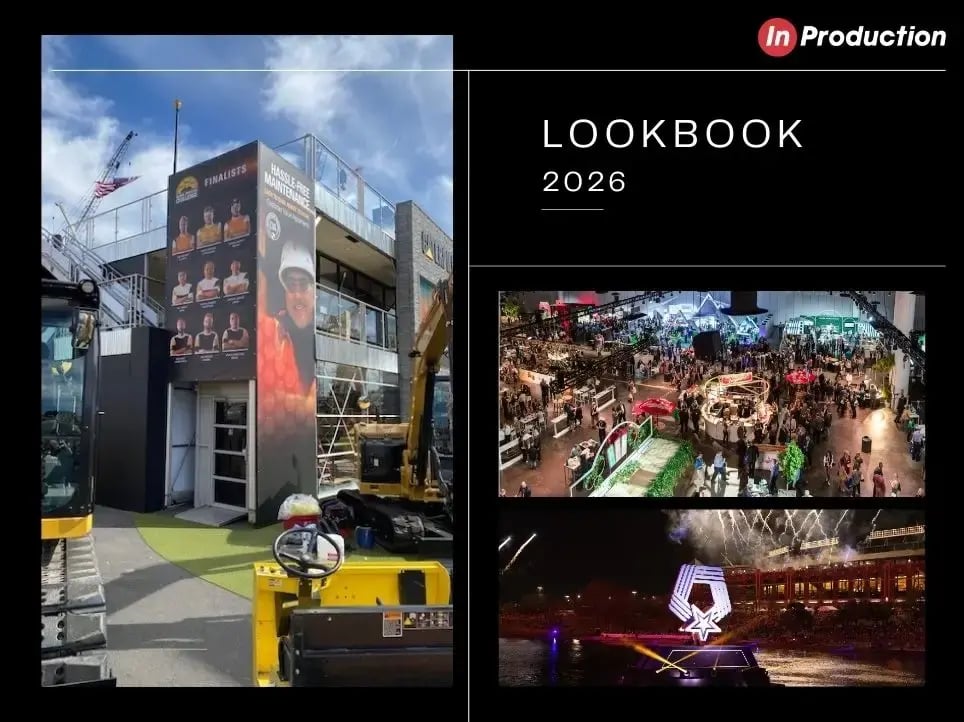 InProduction Lookbook 2026 showcasing custom scenic builds, branded environments, and modular structures for immersive event presentations.