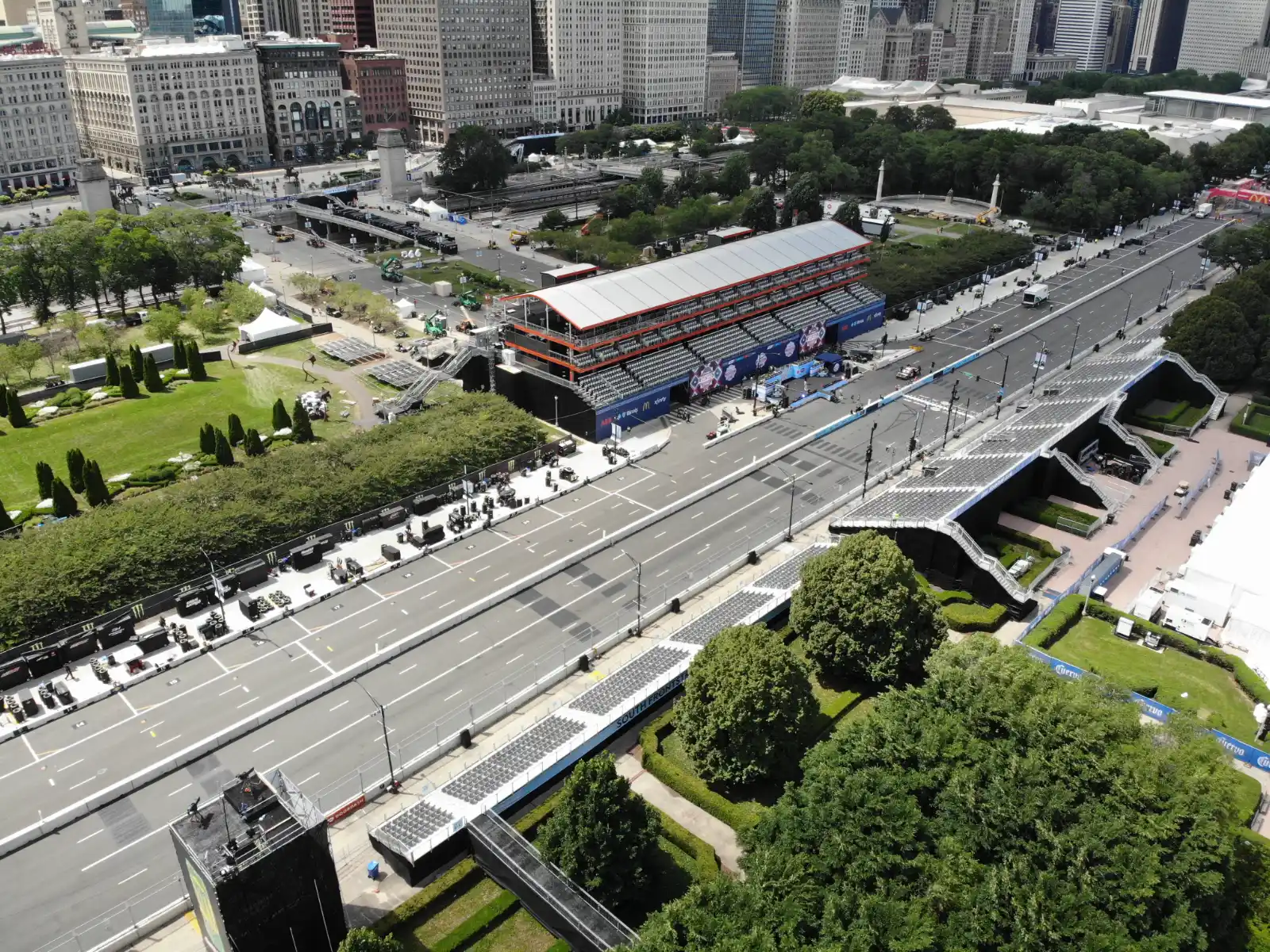 InProduction modular grandstand seating and multi-level hospitality decks at the NASCAR Cup Series in downtown Chicago
